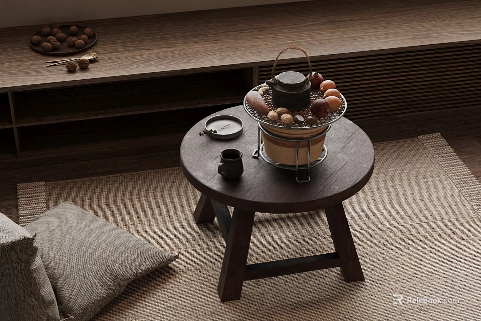 Traditional Tea Set Display on Round Wooden Table with Fruit Basket Nuts and Wooden Bench 3d model 