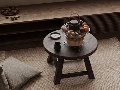 Traditional Tea Set Display on Round Wooden Table with Fruit Basket Nuts and Wooden Bench 3d model