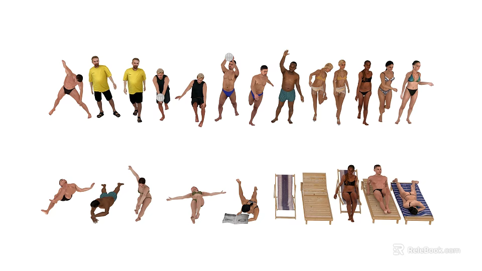 Group of People Engaging in Beach Activities Swimming Sunbathing And Relaxing with Deck Chairs 3d model 