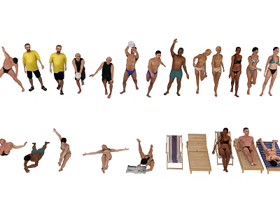Group of People Engaging in Beach Activities Swimming Sunbathing And Relaxing with Deck Chairs 3d model