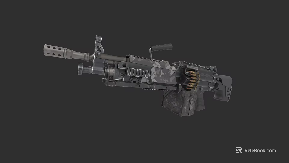 Military Machine Gun With Camouflage Pattern Ammunition Belt And Heat Vents Barrel 3d model 
