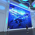 Futuristic Hallway With Large Blue Tech Mural Circular Ceiling Lights And Person 3d model