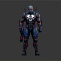 Futuristic Cybernetic Armor Character With Blue Red Glowing Lines Spider Skull Chest Emblem And Weapon