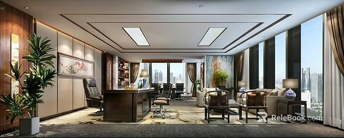 Luxurious Modern Office Interior Design With Large Desk Executive Chair And City View Windows 3d model 