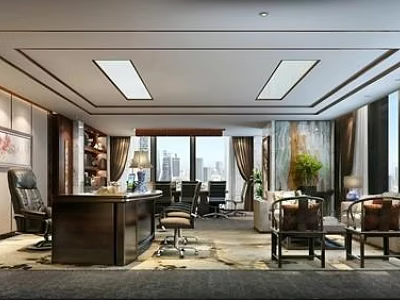 Luxurious Modern Office Interior Design With Large Desk Executive Chair And City View Windows 3d model