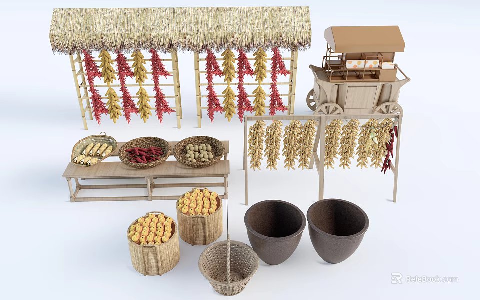 Traditional Garden Decorations With Straw Awning Hanging Chili And Corn Wooden Cart Baskets Clay Pots 3d model 