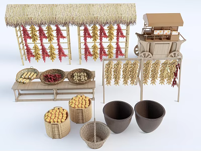 Traditional Garden Decorations With Straw Awning Hanging Chili And Corn Wooden Cart Baskets Clay Pots 3d model