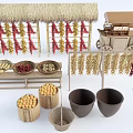 Traditional Garden Decorations With Straw Awning Hanging Chili And Corn Wooden Cart Baskets Clay Pots