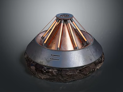 Modern Fireplace Design With Conical Top Copper Strips And Textured Wooden Base 3d model