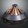 Modern Fireplace Design With Conical Top Copper Strips And Textured Wooden Base