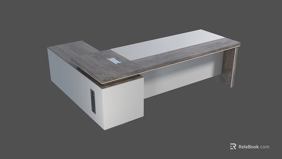 Modern L Shaped Office Desk With Wooden Top And White Cabinet 3d model 