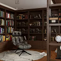 Study Room Interior With Wooden Bookshelves Desk Blue Stools Leather Chair And Arch Windows