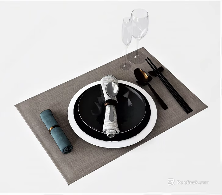 Tableware Set with Black and White Plate Chopsticks Napkin and Wine Glasses on Placemat 3d model 