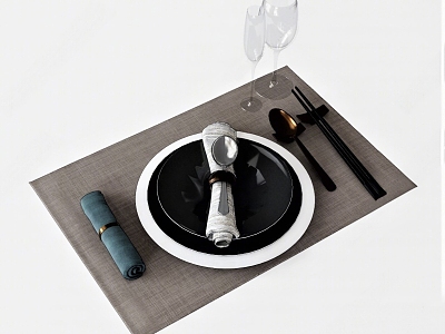 Modern Tableware Plate Napkin Placemat Chopsticks Spoon Goblet Wine Cup Glass Disc model