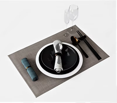 Tableware Set with Black and White Plate Chopsticks Napkin and Wine Glasses on Placemat 3d model