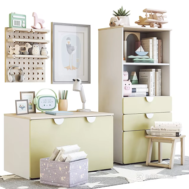 Children's Playroom With Colorful Bookshelf Toy Storage Wooden Desk And Soft Decorations 3d model 