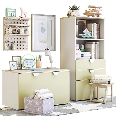 Children's Playroom With Colorful Bookshelf Toy Storage Wooden Desk And Soft Decorations 3d model