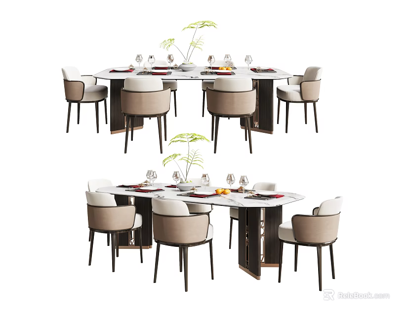 Modern Dining Table Set With Light Colored Chairs Decorative Plant And Tableware 3d model