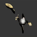 White Haired Woman In Black Gold Plaid Outfit With Gold Balloon Handbag And Black Puppy