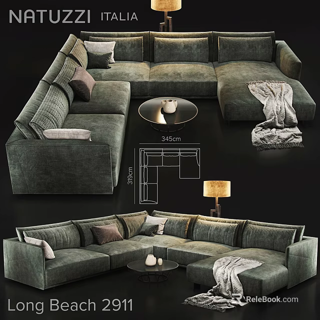 Plush Gray Double Sofa With Pillows Throw Blanket Coffee Table Floor Lamp Modern Living Room 3d model 