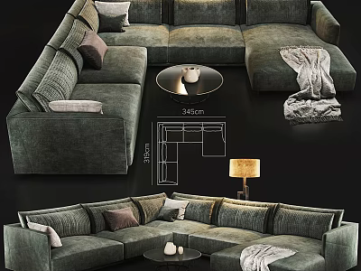 Plush Gray Double Sofa With Pillows Throw Blanket Coffee Table Floor Lamp Modern Living Room 3d model