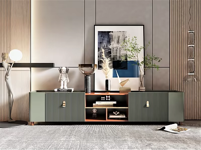 Modern Green TV Stand With Vertical Stripes Gold Handles And Decorative Items In Living Room 3d model