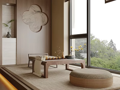Japanese Style Wooden Tea Table and Chairs with Green Plants Outside Window Decorative Painting and Tea Set with Flowers 3d model