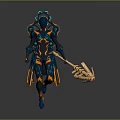 Futuristic Character with Blue Orange Armor Wielding Skeletal Creature Weapon in Dynamic Pose