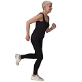 Elderly Woman Running In Black Athletic Wear With White Sneakers On Gray Background