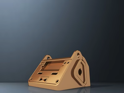 Golden Metal Sculpture in Industrial Style Featuring Geometric Shapes and Holes on Gray Background 3d model