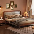 Modern Double Bed With Upholstered Headboard Pillows Wooden Nightstands And Table Lamps