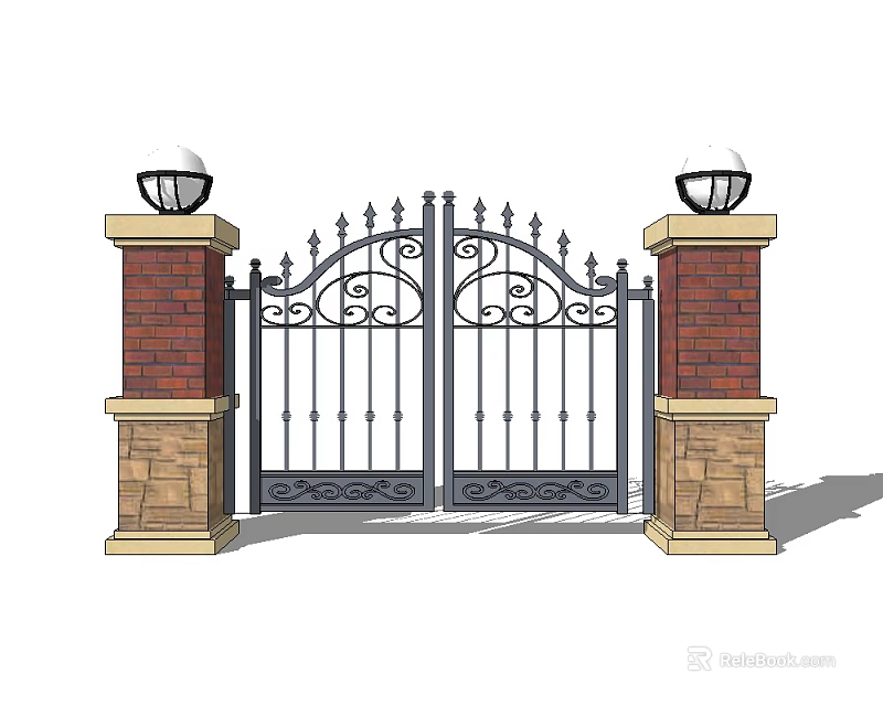 Elegant Wrought Iron Gate With Red Brick Pillars And Top Lamps Design 3d model 