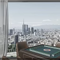 Modern Billiard Room Interior With Pool Table Hanging Light Large Windows And Decorative Rug