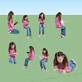 Girl In Pink Top And Blue Jeans Using Tablet Or Book In Various Positions