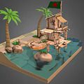 Rustic Wooden Stilt House with Palm Trees and Bangladeshi Flag by Sandy Beach Water