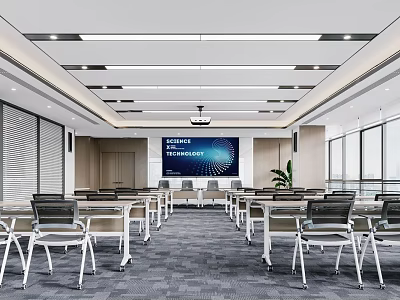 Modern Conference Room Interior Design With Projector Screen Tables Chairs And Large Windows 3d model