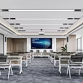 Modern Conference Room Interior Design With Projector Screen Tables Chairs And Large Windows