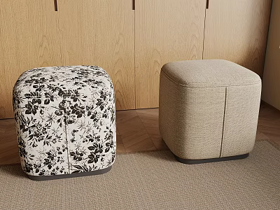 Two Stylish Stools with Floral Pattern and Beige Upholstery in Modern Room with Wooden Wall 3d model