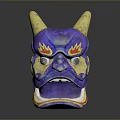 Artistic Animal Mask Featuring Purple Color Yellow Horns And Red Flame Patterns