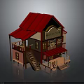 Traditional Chinese Style Two Story Building With Red Roof Wooden Balcony And Staircase