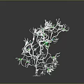 Botanical Structure With White Branches Green Particles And Large Green Sphere On Gray Background