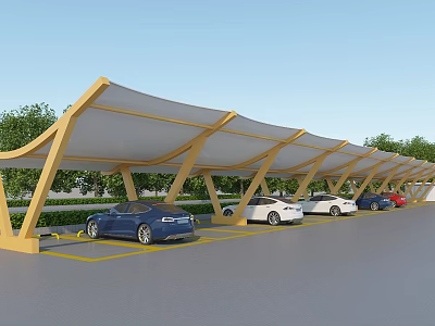 Yellow Frame Outdoor Parking Canopy Covering Vehicles in Lot with Green Trees and Blue Sky 3d model