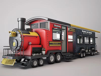 Mobile Red And Black Train Style Functional Vehicle With Steam Locomotive Design Windows And Wheels 3d model