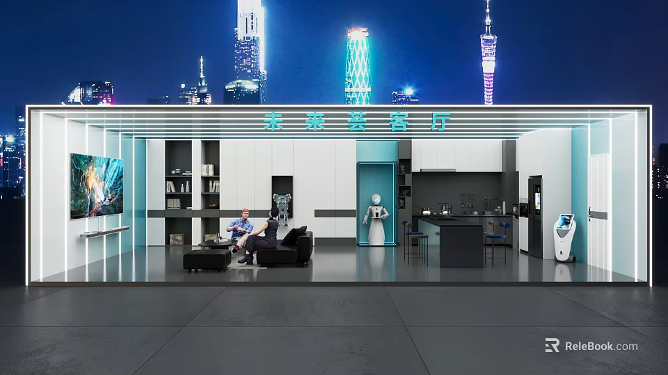 Futuristic Modern Living Room Interior Equipped With Intelligent Robots And Complete Smart Home Appliances 3d model 
