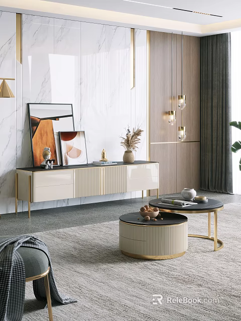 Modern TV Stand With White Cabinets Gold Metal Frame And Decorative Wall Art 3d model 