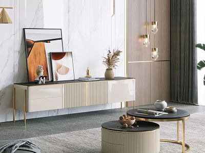 Modern TV Stand With White Cabinets Gold Metal Frame And Decorative Wall Art 3d model