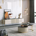 Modern TV Stand With White Cabinets Gold Metal Frame And Decorative Wall Art