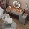 Modern Elegant Dressing Table with Glass Top Gray Drawers and Round Mirror Chair Cosmetics