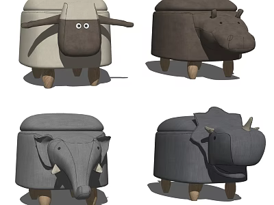 Cute Animal Shaped Stools With Fabric Seats And Wooden Legs For Kids Room Decor 3d model