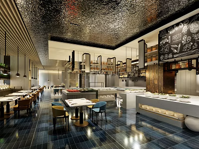 Modern Restaurant Interior With Blue Tiled Floor Black Ceiling Buffet Counters And Colorful Seats 3d model